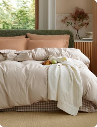 Image of Bedsure PureWoven 100% Washed Cotton Duvet Cover Only, King, Oatmeal | 1 Duvet Cover, No Pillow Shams, Linen Like Textured, Lightweight & Breathable for All Seasons, Zipper Closure, 8 Corner Ties