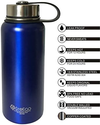 GreEco Double Wall Vacuum Flask, Insulated 18/8 Stainless Steel Water Bottle, Hydration Bottle, 32 OZ, Sparkling Blue