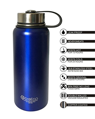 GreEco Double Wall Vacuum Flask, Insulated 18/8 Stainless Steel Water Bottle, Hydration Bottle, 32 OZ, Sparkling Blue