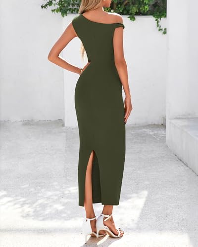 Image of BTFBM Women Formal Cocktail Dresses Summer 2026 One Shoulder Twist Strap Ruched Bodycon Elegant Wedding Party Maxi Dress