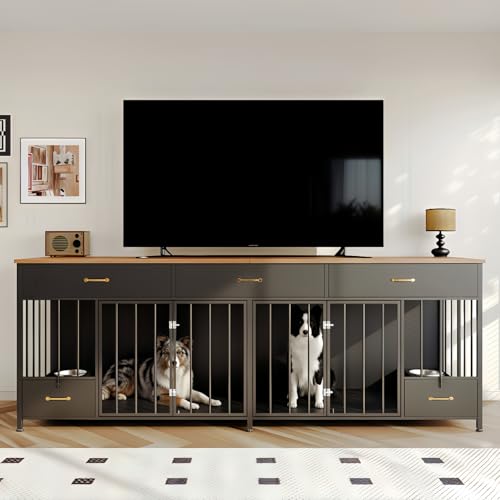 Extra Large 91.5" L Dog Crate Furniture with Feeder & 3 Drawers – Heavy Duty Double Dog Kennel Furniture for Small, Medium, Large Dogs – Sturdy Black Pet Crate Table with Storage