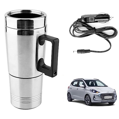 Image of Oshotto 12V Stainless Steel Car Heating Kettle /Mug, Travel Friendly electric Tea /Coffee maker Compatible with Hyundai Grand i10 Nios (300ml) - Silver