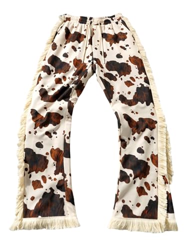 WDIRARA Men's Cow Print Fringe Trim Pants Drawstring Waist Straight Leg Tassel Pants