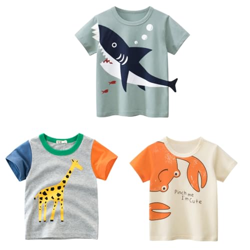LMYOVE Toddler Baby Little Boy Shirts Summer Outfits Short Sleeve Crewneck Top Tee Set 3 Pack 2-6T Kids Animal Dinosaur