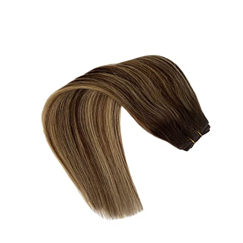 Sew In Weft Hair Extensions Human Hair, Brown To Golden Brown With Blonde Highlights Human Hair Sew In Extensions, Hand Tied Wefts Human Hair Ombre Sew In Hair Extensions Real Human Hair 12Inch 80G #TOP6