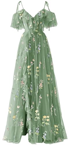 Wchecalino Ruffle Sleeves Tulle Prom Dress for Women Long Formal Flower Embroidery Evening Party Gowns