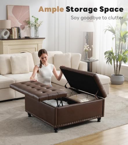 Tbfit Large Square Storage Ottoman Bench, Tufted Upholstered Coffee Table Ottoman with Lift Top & Solid Wood Legs, Oversized Storage Ottomans Toy Box for Living Room (Dark Brown) - 2