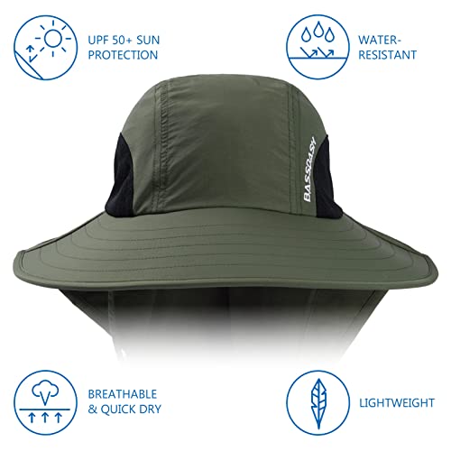Image of BASSDASH UPF 50+ Unisex Water Resistant Wide Brim Sun Hat with Large Neck Flap Ponytail Fishing Hat for Men Women