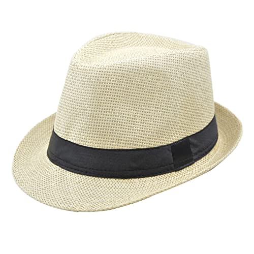 Sombrero de paja Fedora clásico de ala corta Panamá Jazz Sombrero de verano Playa Sun Cap para hombres y mujeres, beige, Taille unique Cover