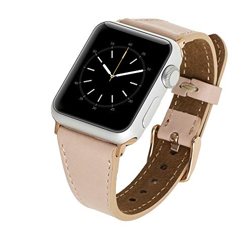 Venito Messina Leather Slim Watch Band Compatible with Apple Watch 38mm 40mm 41mm - iwatch Series 1 2 3 4 5 6 7 SE (Nude Pink w/Rose Gold Connector&Clasp)