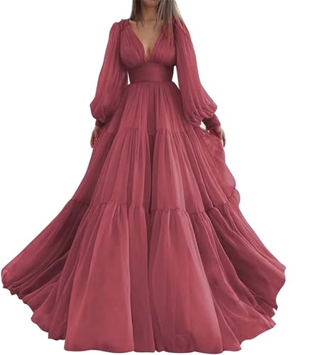 Long Sleeve Puffy Prom Dresses for Women Ball Gown Formal V Neck Poofy Tulle Birthday Photoshoot Dress HD269