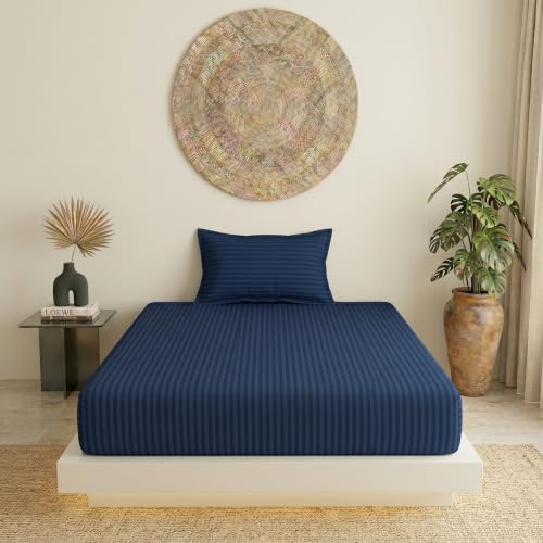 Image of Filymore Double Bedsheet for Double Bed | Navy Blue Stripe Bedsheet | 240 TC Soft Microfiber Bed Sheet with 2 Pillow Covers | Striped Bedding Set, Breathable, Wrinkle & Fade Resistant | 90 x 95 Inches