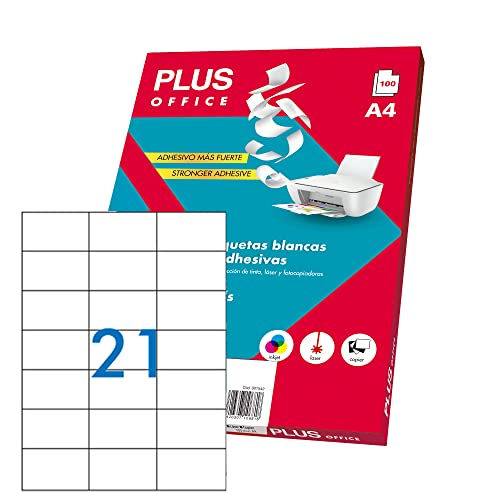 Plus Office - Etiquetas Autoadhesivas Blancas Para Imprimir, Pack De 100 Hojas Pegatinas Adhesivas De Papel En Hojas A4 Para Impresora Inkjet, Láser Y Fotocopiadoras, 21 Etiquetas Por Hoja (70x42mm)