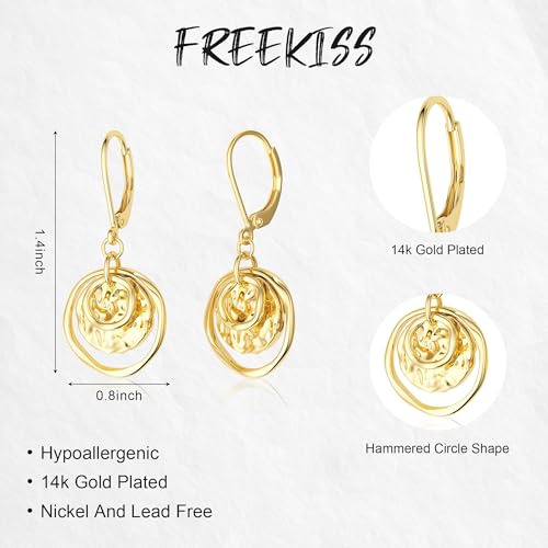 Freekiss Disc Leverback Earrings for Women: Dainty 14k Gold Plated Dangle Earrings for Women Hypoallergenic Hammered Teardrop Coin Earring Set Gold Jewelry for Womens Trendy4