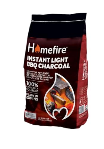 Homefiire Instant Light BBQ Charcoal 2 x 1kg | Ready to Use Fast Lighting | Clean Convenient BBQ Fuel | No Firelighters Needed | Ideal for Picnics Camping & Garden Grills