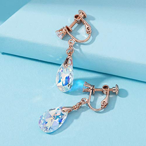 Teardrop Austrian Crystal Drop Clip On Dangle Earrings for Women Non Pierced 14K Rose Gold Plated Hypoallergenic Jewelry3