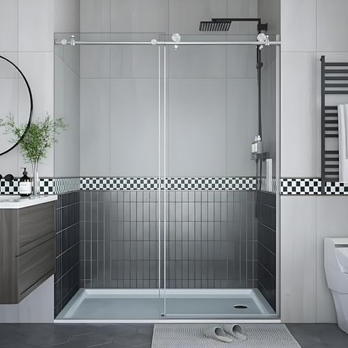 Image of Frameless Sliding Shower Door, Adjustable Width 44-48 inch x 76 inch H, One Fixed & One Sliding Panel, 6mm (1 /4 inch) Tempered Glass, Waterproof Seal, for Small Bathroom Remodel, Easy Clean