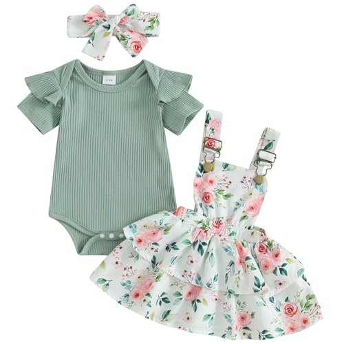 Image of Mubineo Baby Girl Summer Clothes Cute Outfits Short Sleeve Romper Overall Skirt Dress Headband 3PCS Newborn Outfit