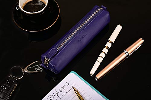 Image of DiLoro Leather Zippered Fountain Ballpoint Rollerball Pens and Pencils Case Holder Pouch Genuine Full Grain Soft Nappa Leather (Violet)
