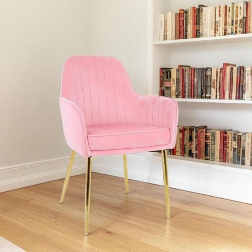 Image of Velvet Accent Chair | Luxury Upholstered Armchair with Sturdy Metal Legs | Modern Comfortable Chair for Living Room, Bedroom, Office, or Cafe (Golden Legs, Baby Pink)