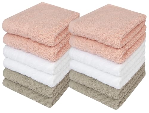 Image of PH Pleasant Home Diagonal Wash Cloths Set - 12 Pack (12 inch x 12 inch) - 509 GSM - 100% Ring Spun Cotton Wash Cloth - Super Soft and Highly Absorbent Face Towels (Blush,White & Tan)