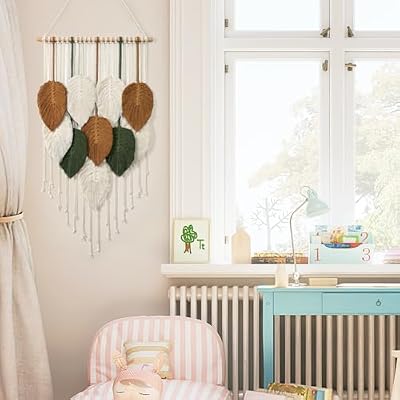 KHOYIME Macrame Wall Hanging Leaves Woven Tapestry, Boho Chic Home Decor Modern Bohemian Handmade Leaf Feather Wall Art Decorations for Apartment Dorm Living Room Bedroom Nursery Backdrop 16.5x29.5