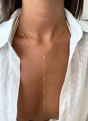 Lariat Gold Necklaces for Women - Dainty Gold Necklace Trendy 14K Gold Plated Hypoallergenic Layered Long Y-Shape Sunburst CZ T-Bar Pendant Drop Chain Necklace Set for Women Non Tarinsh Jewelry Gift2
