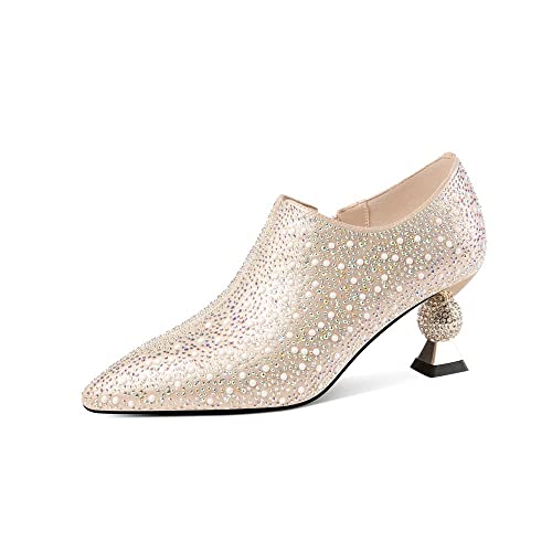 TinaCus Handmade Glittering Leather Pointed Toe Side Zipper Rhinestone Mid Spool Heel Shoes
