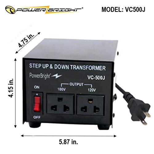 PowerBright 500 Watts Japanese Voltage Transformers, Step Up and Down Japan Converter, can be Used in 120 Volt and 100V Countries, Convert from 120V to 100V and 100V to 120V, Universal Outlet Socket