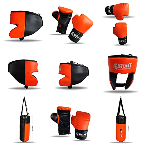 Image of SKMT NEVER LOSE UNTIL YOU WIN Kids Boxing Kit with Filled Punching Bag, Gloves and Headgear, Age 7-13 Years (Orange)