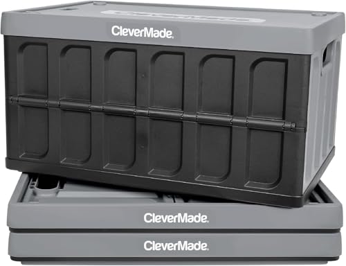 Image of CleverMade Collapsible Storage Bins with Lids, 46L, 3 Pack, Stone | Each bin supports 75 lb and stacks with or without its lid. The lid stores underneath, and the crate folds to 2.5 inches.