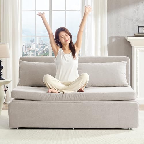 Image of BALUS 2 in 1 Queen Size Sleeper Chair Pull Out Sofas Couch with Pullout Beds, 43 inch W Convertible Guest Sleepers Chair Bed Sofabed with Pillows and Mattress for Living Room Apartment Loft, Beige