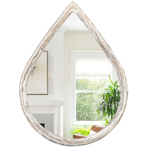 Small Decorative Teardrop Mirror - Rustic White Wood Frame - Farmhouse Hanging Mirror for Wall, Bathroom, Living Room, Entryway, Hallway - Image 4