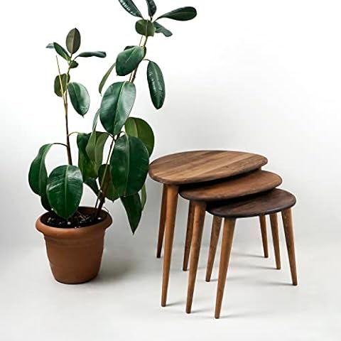 Solid Nesting Table Set of 3- Walnut Mid Century Pebble Tables with Tapered Legs - Wooden Home Furniture in a Retro Style Cover