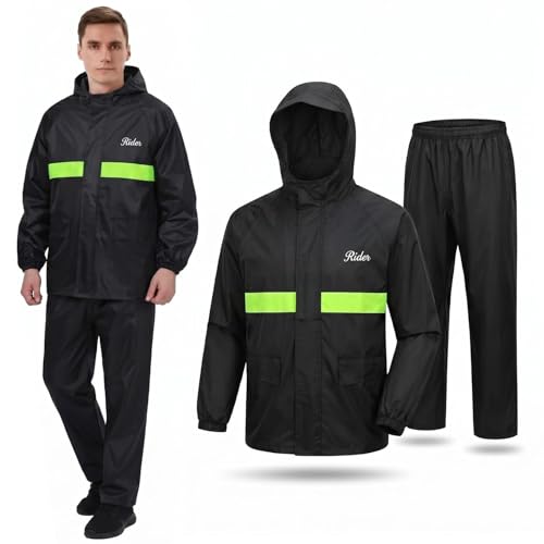 Image of HACER 100% Waterproof Raincoat for Men & Women | Unisex Full Sleeves Rain Suit Set with Pant for Bike Riding, Travel, Camping, Trekking & Hiking Rainwear (XL, Black)