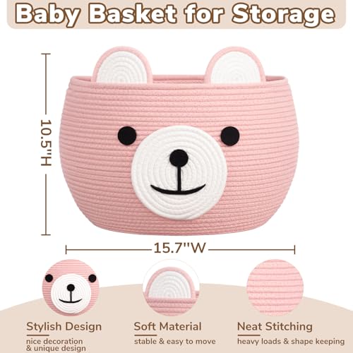 Image of CherryNow Baby Basket for Nursery, Bear Gift Baskets for Girls, Baby Shower Basket with Handles, Large Diaper Caddy Organizer, Bright Pink, 15.7 inchD x 10.5 inchH
