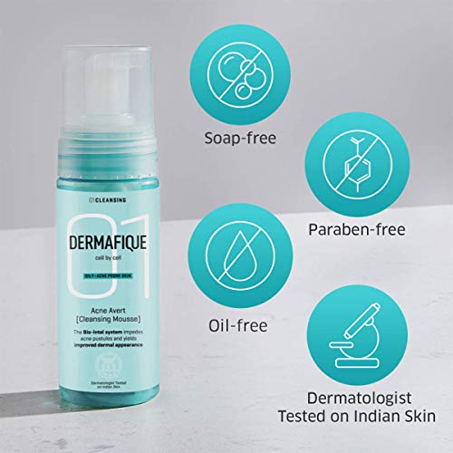 Image of Dermafique Acne Avert Cleansing Mousse Foaming Face Wash, 150 ml for Acne Prone Skin, Suits Oily Dry Skin with Salicylic acid - Paraben-Free, SLES-free - Cleanses Pores, Clears Out Excess Sebum