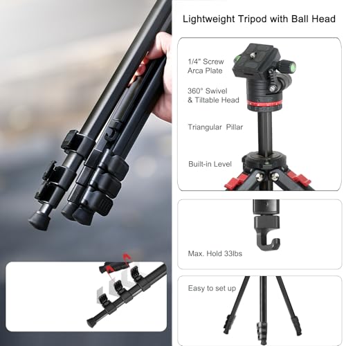 Image of Travel Tripod, 68 inch Camera Tripod with 360 Ball Head Lightweight Aluminum Portable Compatible with i Phone, Canon G7X, Sony, DSLR /SLR Cameras, Video Camcorders, Action Cameras,Telescopes...8.8lbs