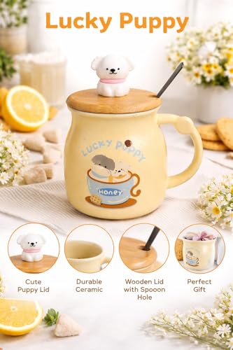 Image of Coffee Mug, Gift for Woman, Birthday Present for Girlfriend, Present for Wife Birthday, Mugs for Present, Holi Gifts, Panda Mug with Lid & Spoon (Lucky Puppy)