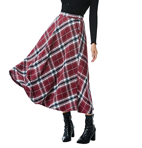 Jupe longue femme hiver taille haute carreaux coupe trapèze rétro
