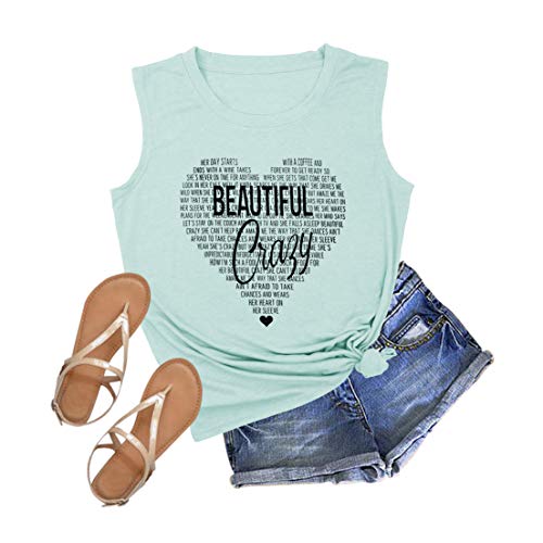 TAKEYAL Beautiful Crazy Country Music Tank Tops Women Concert Funny Letter Printed Graphic Casual Tee Shirts Green