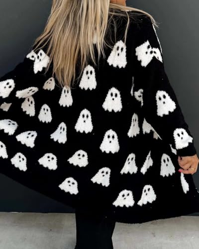 Women's Halloween Ghost Pattern Cardigan Long Sleeve Open Front Fuzzy Fluffy Outwear Coats2