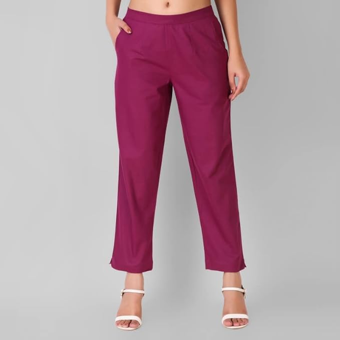 Image of Aarav Fabric Women's 100% Cotton Casual Pant | Ankle Length Regular fit Cotton Trouser | Straight Fit Formal Pants for Kurti, Office, Casual and Daily Outdoor Lifestyle