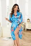 Vlazom Damski szlafrok kimono, długie satynowe szlafroki z nadrukiem pawia i kwiatami S-XXL, niebieski (lake blu, L
