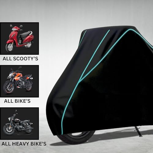 Image of Elite Water Resistant Bike Cover for TVS Apache RTR 160 4V Rain, UV & Dust Protection, Universal Fit, All-Weather Water Resistant Two-Wheeler Cover, Keeps Bike Cool (Black with Aqua Piping)