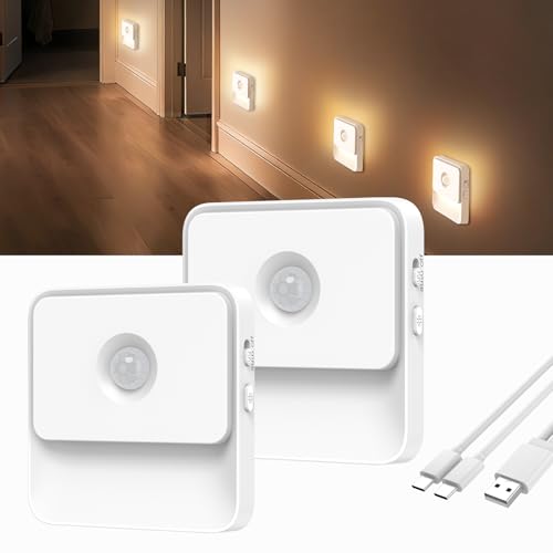 Nachtlicht mit Bewegungsmelder 2 Stück Aufladbar Akku LED Lampe mit Bewegungsmelder Innen Licht Dimmbar Helligkeit Warmweiß LED Nachtlampe Batterie Treppenlicht für Kinderzimmer, Gang, Treppe, Küche