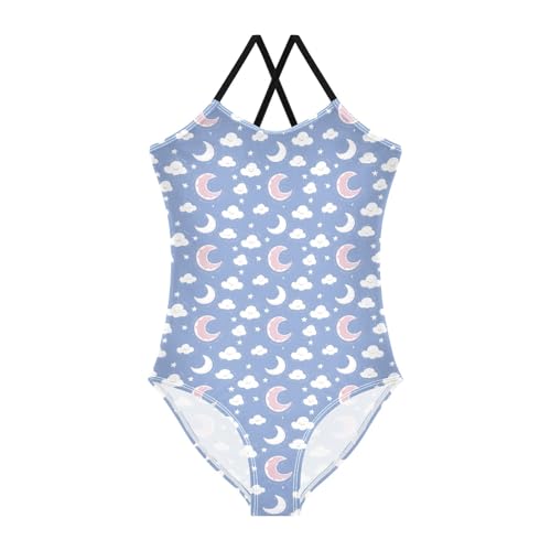 senya Girls Swimsuits One-Piece Swimwear Tie Bathing Suit Beach Summer Round Neck 9-10T Cute Moon Cloud Pattern