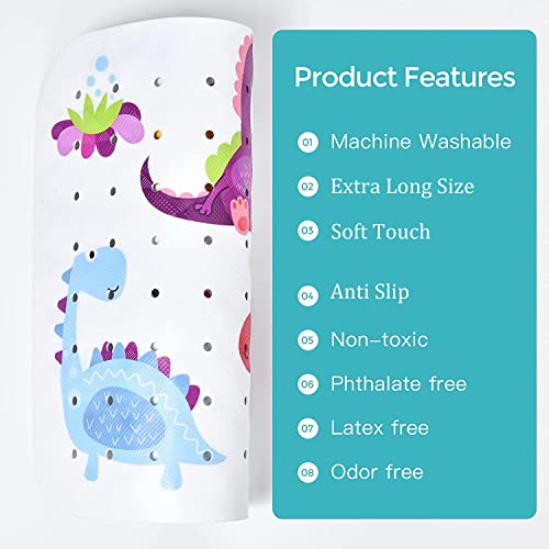 Tubozadi Bath Mat for Tub for Kids Dinosaur Non Slip Bathtub Mat for Baby Toddler 40X16 Inch Long Anti Skid Bathroom Shower Mat with Suction Cups & Drain Holes