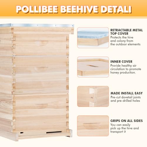 POLLIBEE Bee Hive,10 Frame Bee Hives Boxes Starter Kit, Langstroth Beehives Include 2 Deep Hive Boxes and 1 Medium Super Bee Box, Include Bee Hive Frames and Wax Foundation Sheet. - Image 4
