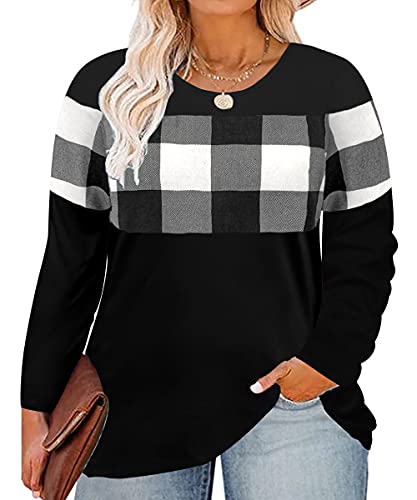 CARCOS Plus Size Tops for Women Color Block Flower/Striped/Camo Crew Neck Long Sleeve Tee Shirt
